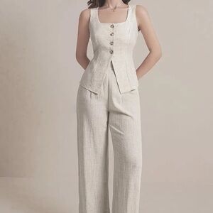 100% Linen Two-Piece Vest & Wide Leg Pant Set – Beige – Large